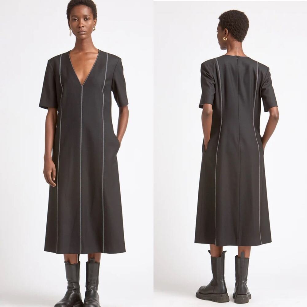 Maria McManus Black V Neck Topstitch Midi Dress